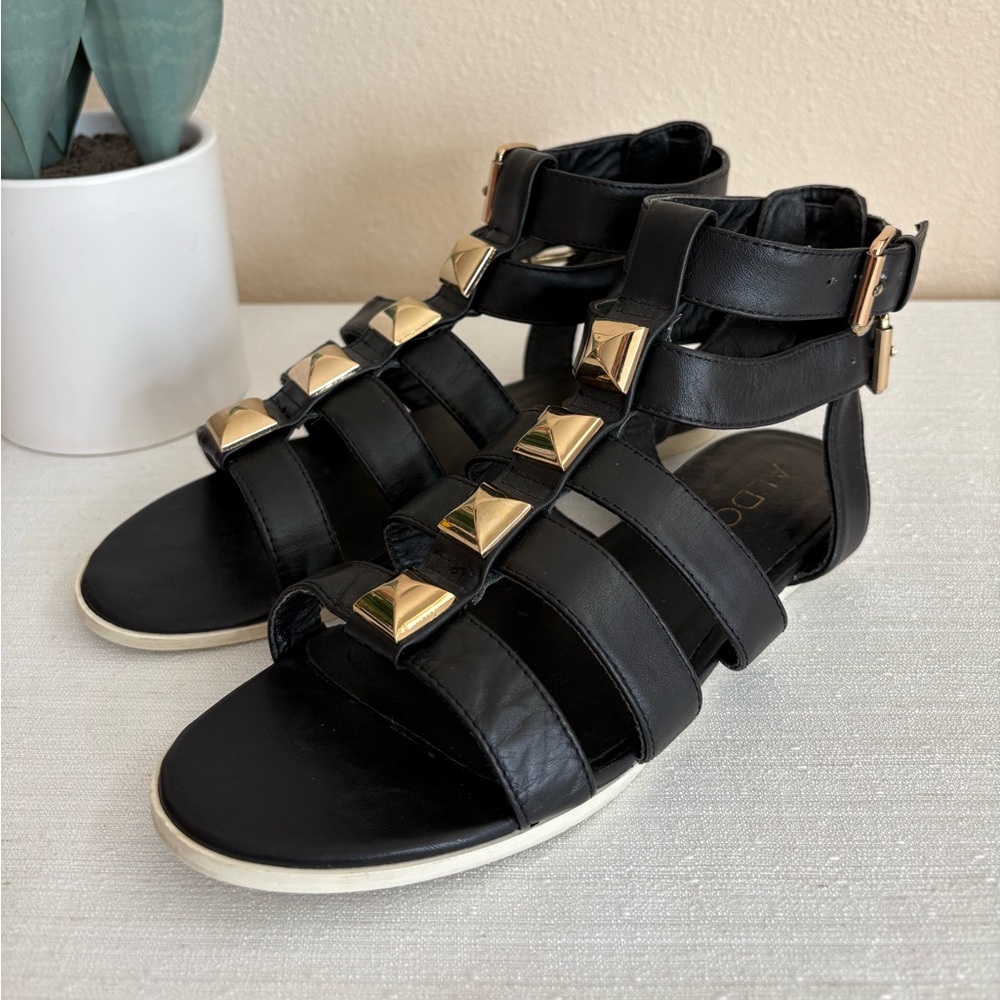 ALDO Black Leather Gold Embelished Gladiator Sandals Women’s 7.5